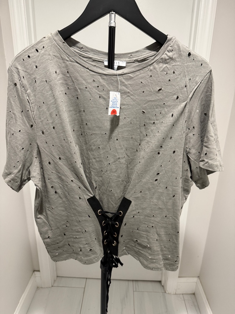 iris Light Gray Olive Distressed Short-Sleeve Lace-Up Tee